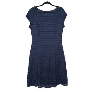 SHARAGANO Navy Blue Chevron Print Short Sleeve A-Line Stretchy Dress 14 NWT